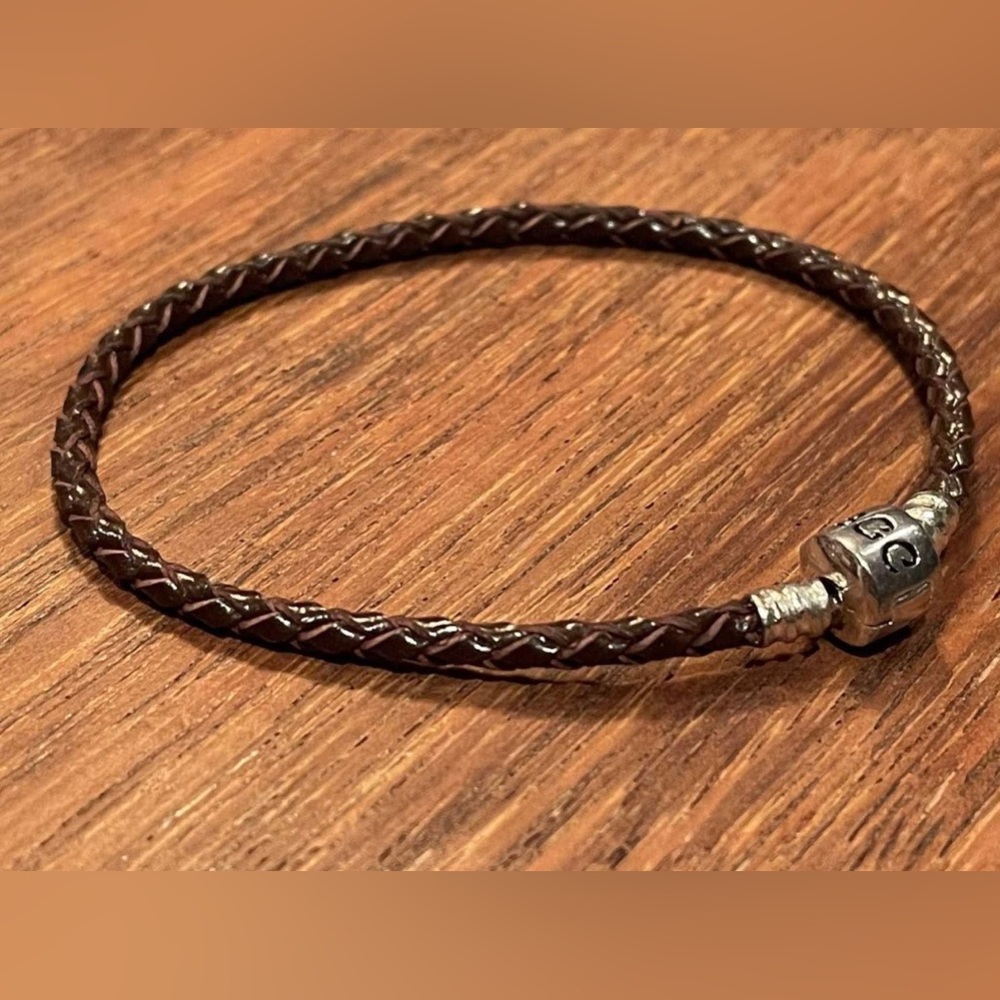 Brown braided leather charm bracelet - New - Sterling silver clasp